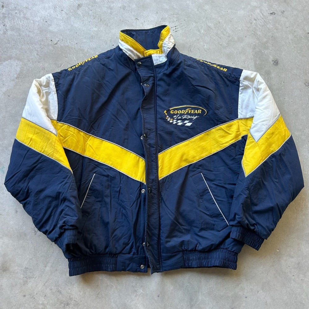 Vintage Goodyear Racing Jacket Navy Blue Yellow Colorblock Bomber Mens Large